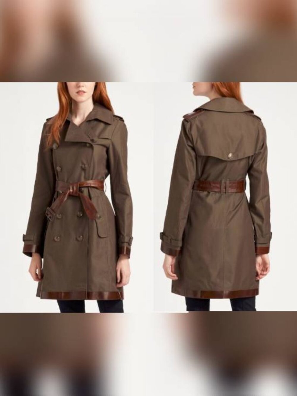 Burberry Chalkwell Olive Cotton Leather-Trim Belted Double-Breasted Trench Coat